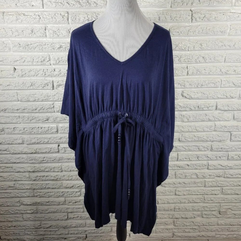 Swim 365 1X Womens Blue Kimono Sleeve Swimsuit Coverup Cotton Drawstring BLU19E